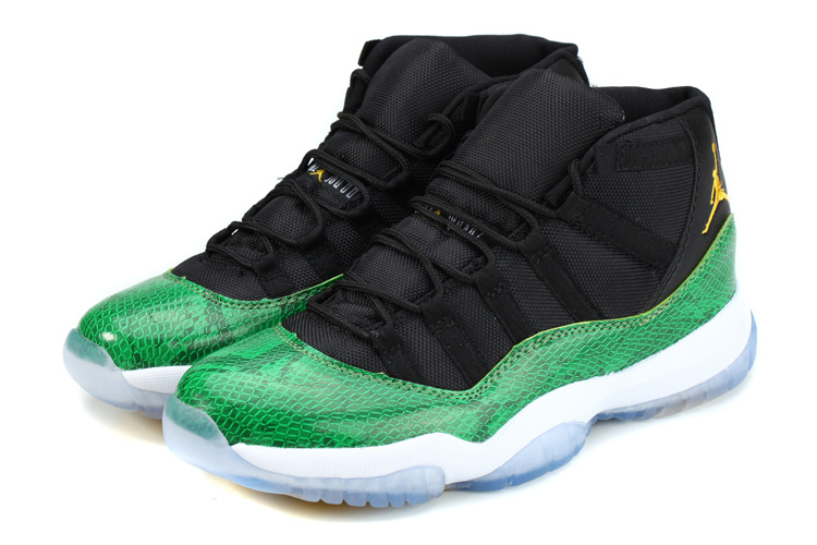 Nike Air Jordan 11 Basketball Shoes Black Green Snakeskin White - Click Image to Close