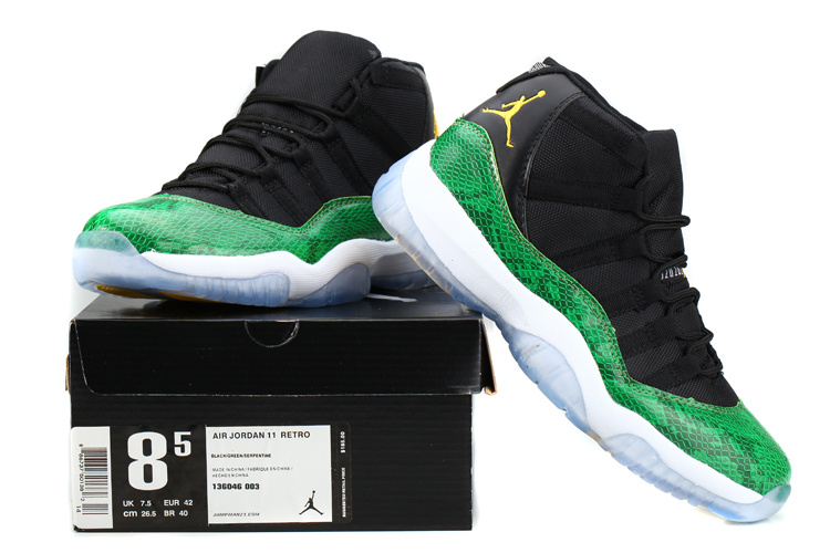 Nike Air Jordan 11 Basketball Shoes Black Green Snakeskin White - Click Image to Close