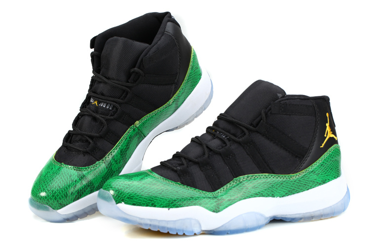 Nike Air Jordan 11 Basketball Shoes Black Green Snakeskin White - Click Image to Close