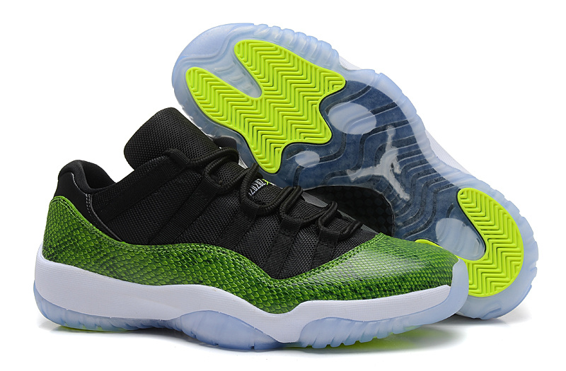 Nike Air Jordan 11 Low Basketball Shoes Black Green Snake Skin White - Click Image to Close