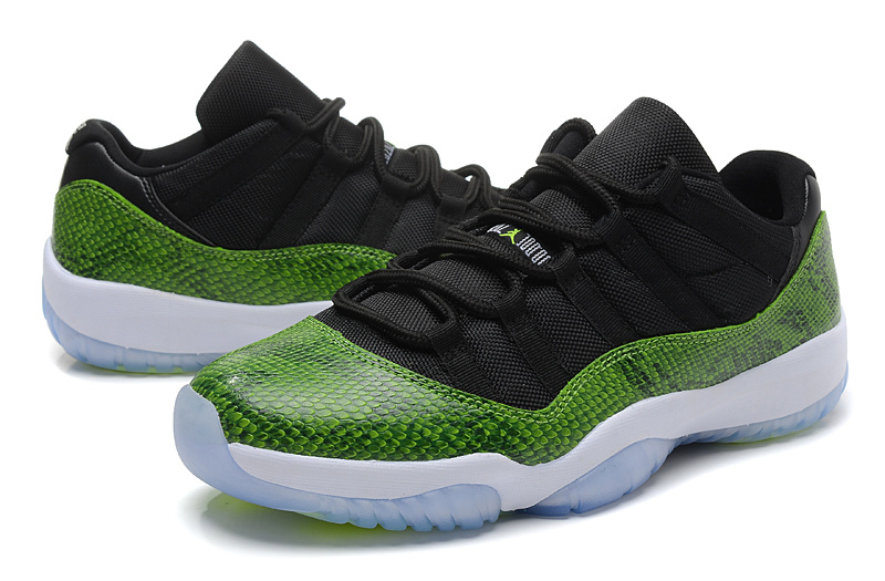 Nike Air Jordan 11 Low Basketball Shoes Black Green Snake Skin White - Click Image to Close