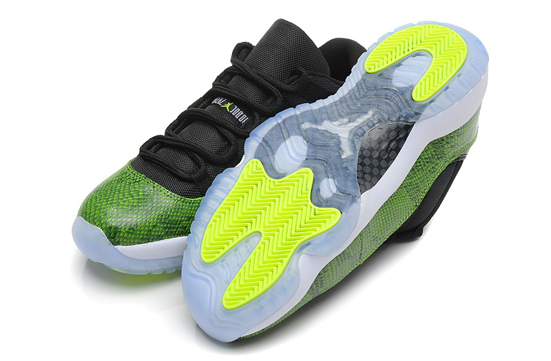 Nike Air Jordan 11 Low Basketball Shoes Black Green Snake Skin White - Click Image to Close