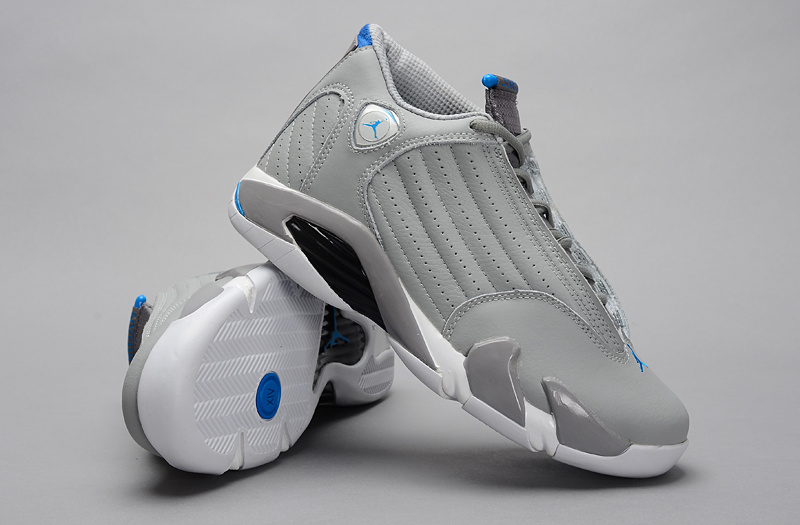 2014 Grey White Blue Jordan 14 Retro Basketball Shoes - Click Image to Close