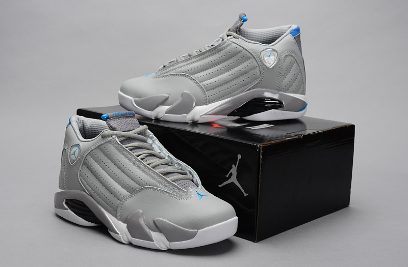 2014 Grey White Blue Jordan 14 Retro Basketball Shoes - Click Image to Close