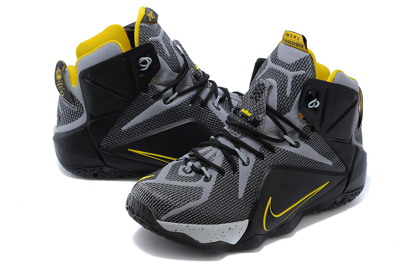 2014 New Nike Lebron James 12 Black Grey Yellow Shoes