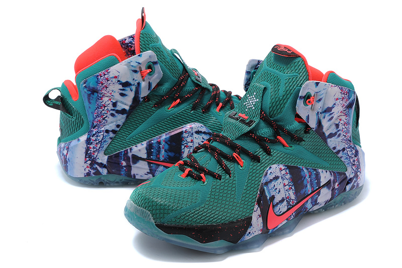 2014 New Nike Lebron James 12 Green Grey Black Red Shoes - Click Image to Close