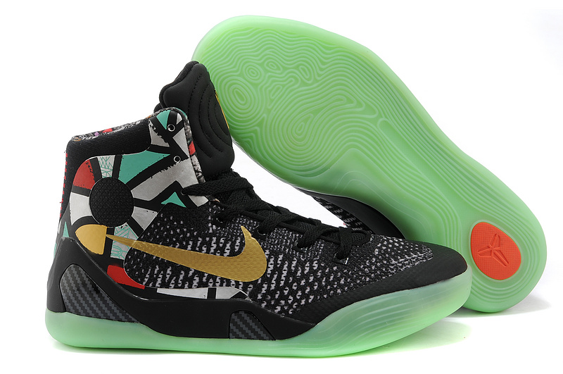 Women's Nike Kobe Bryant 9 Middle Black Green Gold Shoes - Click Image to Close