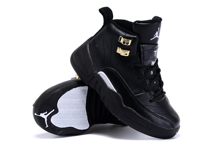 2015 Nike Kids Air Jordan 12 Retro All Black Gold Shoes