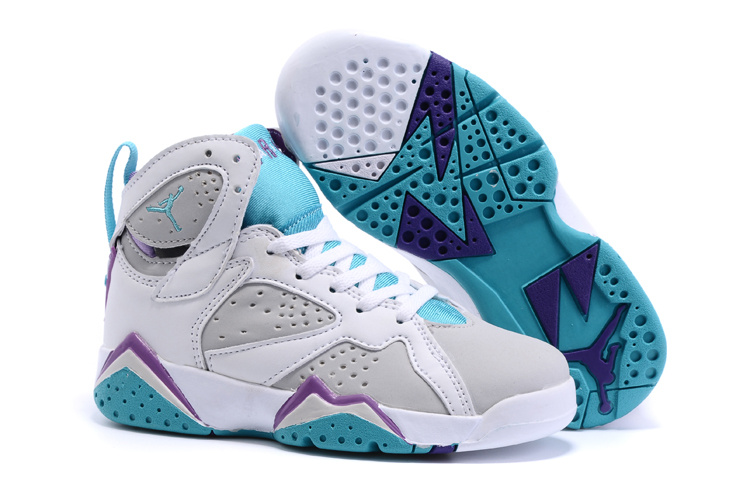 2015 Nike Kids Air Jordan 7 Retro White Grey Baby Blue Shoes - Click Image to Close