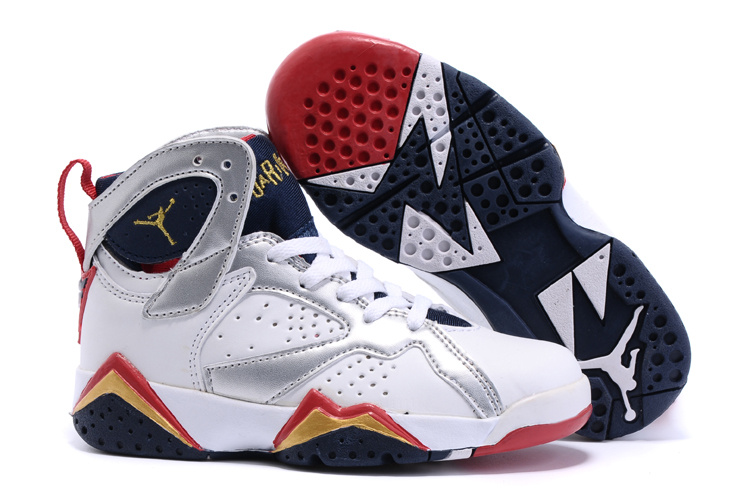 2015 Nike Kids Air Jordan 7 Retro White Silver Red Black Shoes - Click Image to Close