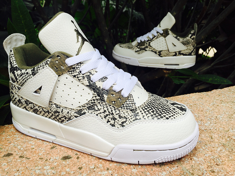 2015 Nike Air Jordan 4 SnakeSkin White Army Green Shoes - Click Image to Close