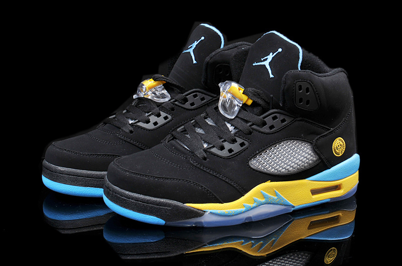2015 Nike Air Jordan 5 Retro Black Yellow Blue Shoes