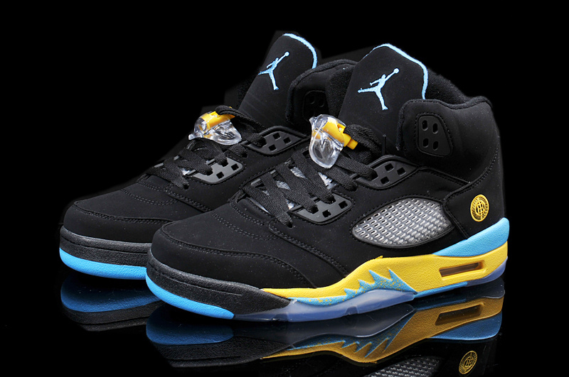 2015 Nike Air Jordan 5 Retro Black Yellow Blue Shoes - Click Image to Close