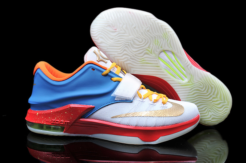 2015 Nike KD 7 White Gold Blue Red Basketball Shoes - Click Image to Close