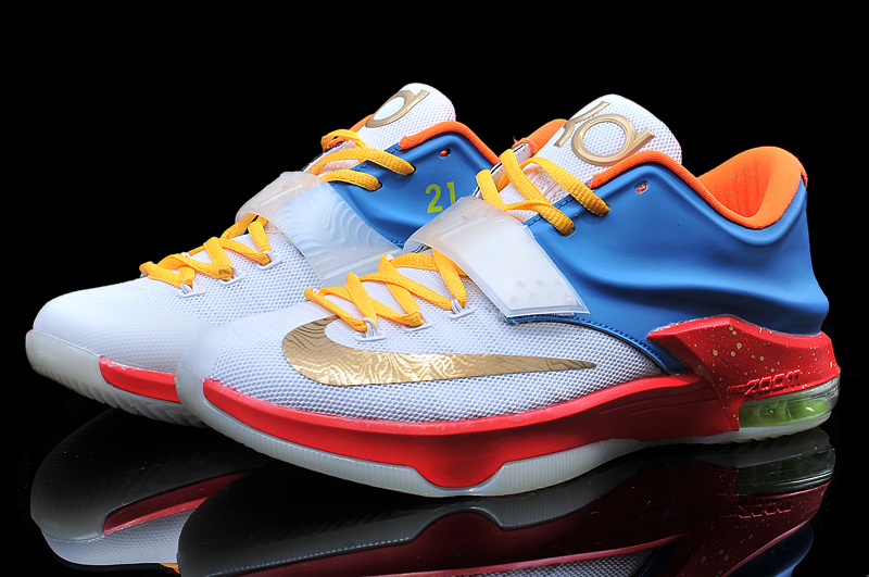 2015 Nike KD 7 White Gold Blue Red Basketball Shoes - Click Image to Close