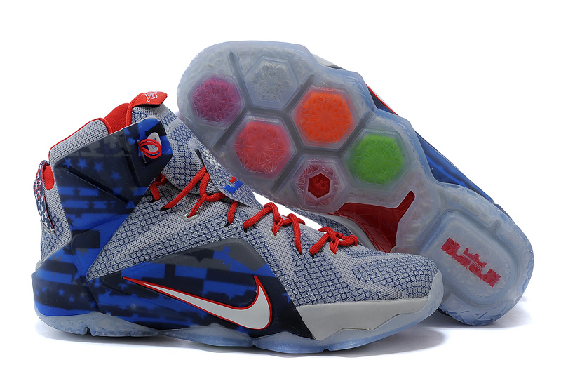 2015 Nike Lebron James 12 Grey Blue Red Shoes - Click Image to Close