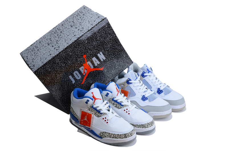 Air Jordan 3 White Blue Jordan 4 White Grey Combine Package Shoes - Click Image to Close