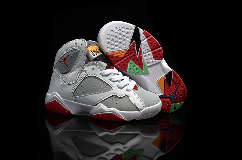 Kids' Nike Jordan 7 Retro White Grey Red Shoes - Click Image to Close