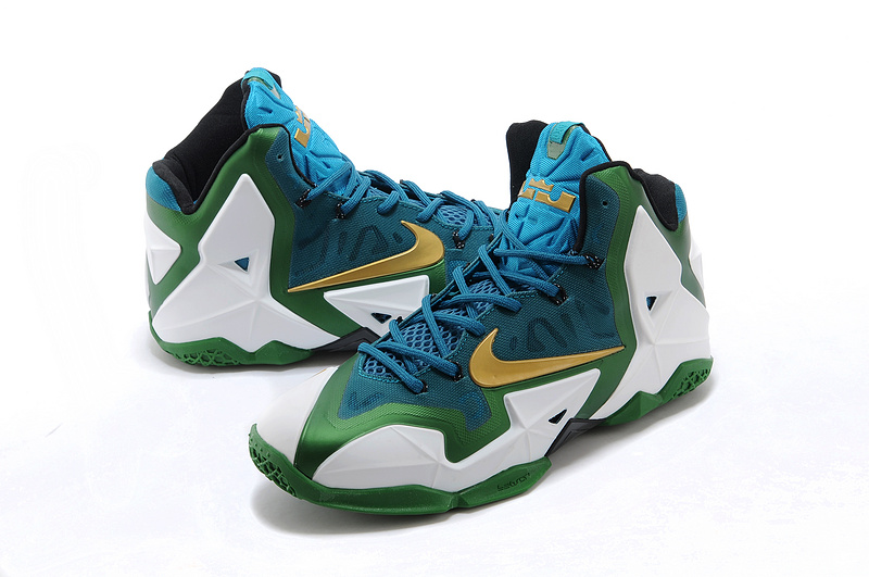 New Nike Lebron James 11 Green White Gold Shoes - Click Image to Close