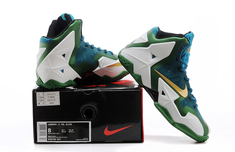 New Nike Lebron James 11 Green White Gold Shoes - Click Image to Close