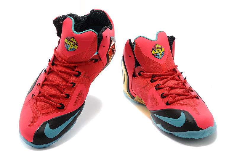 Latest Popular Lebron James 11 Super Hero Red Black Blue Gold Shoes - Click Image to Close