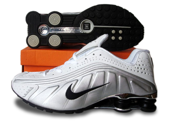 Mens Nike Shox R4 Shoes Silver White Black - Click Image to Close