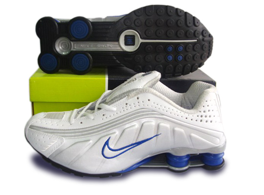 Mens Nike Shox R4 Shoes Silver White Blue