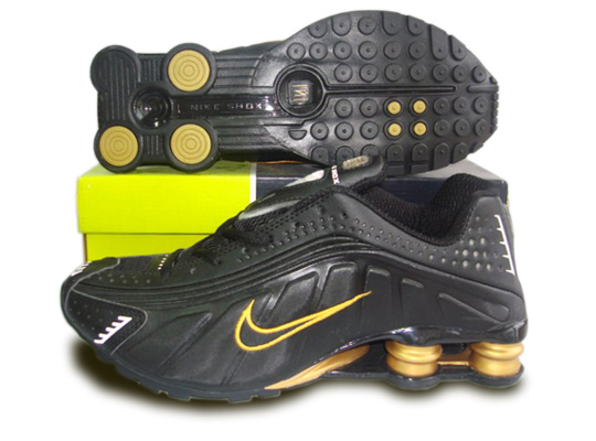 Mens Nike Shox R4 Shoes Black Golden - Click Image to Close