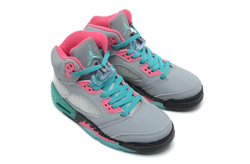 2015 Nike Air Jordan 5 Retro Grey Pink Green Shoes For Women - Click Image to Close