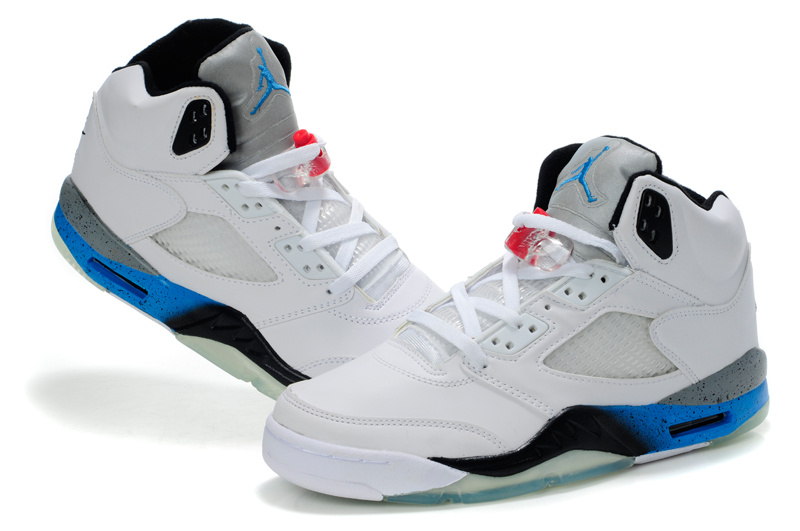 New Nike Air Jordan Retro 5 White Black Blue Shoes - Click Image to Close