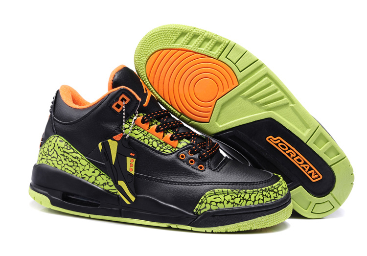 New Nike Jordan 3 Retro Black Green Cement Orange Shoes - Click Image to Close