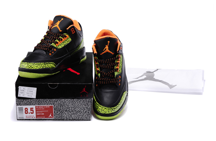 New Nike Jordan 3 Retro Black Green Cement Orange Shoes - Click Image to Close