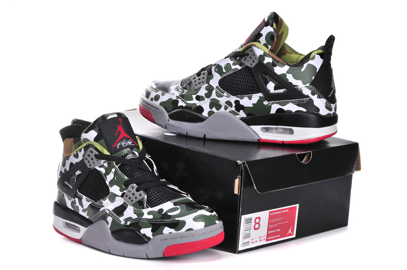 New Jordan 4 Retro Camo Black Grey Red Shoes - Click Image to Close