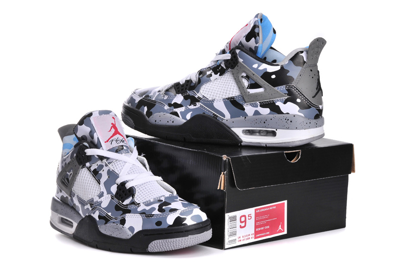 New Jordan 4 Retro Camo White Grey Black Shoes