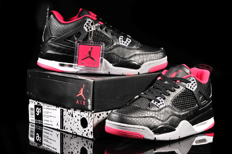 New Jordan 4 Retro Fish Pattern Black Grey Red Shoes - Click Image to Close