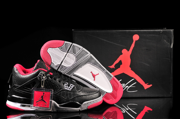 New Jordan 4 Retro Fish Pattern Black Grey Red Shoes