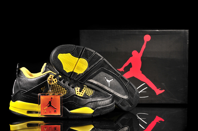 New Jordan 4 Retro Fish Pattern Black Yellow Shoes