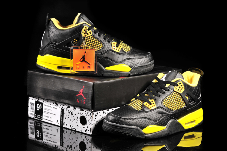 New Jordan 4 Retro Fish Pattern Black Yellow Shoes