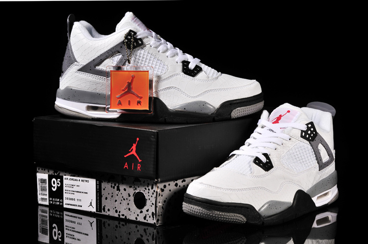 New Jordan 4 Retro Fish Pattern White Black Grey Shoes - Click Image to Close