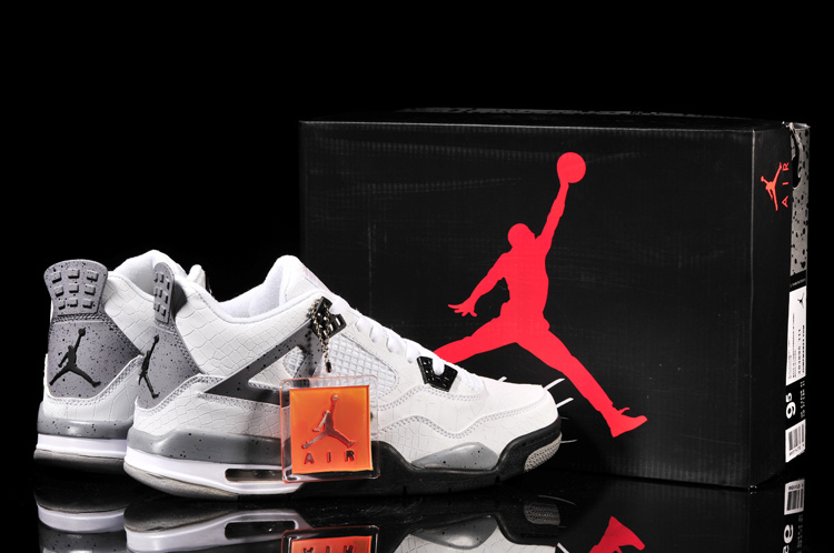 New Jordan 4 Retro Fish Pattern White Black Grey Shoes - Click Image to Close