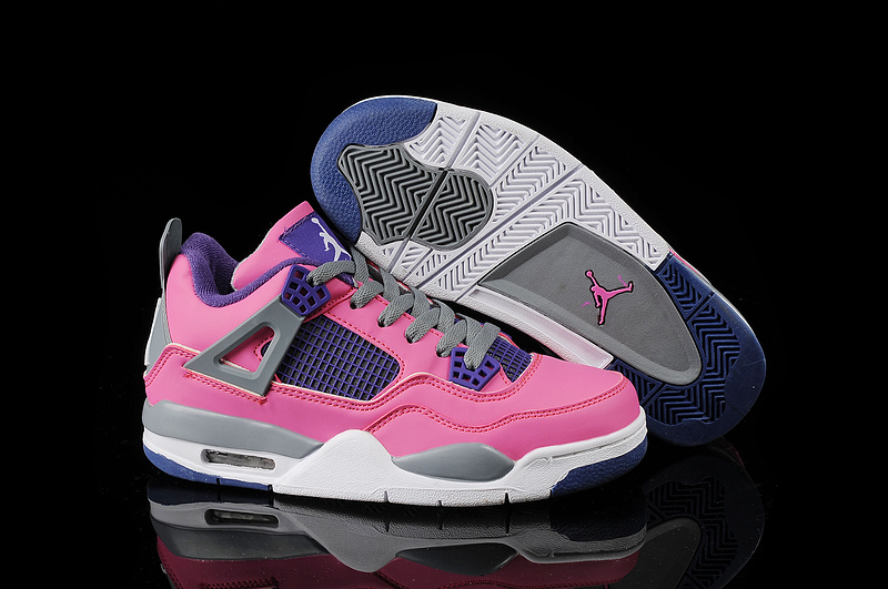 New Jordan 4 Retro Pink Blue Grey White Basketball Shoes For Women - Click Image to Close