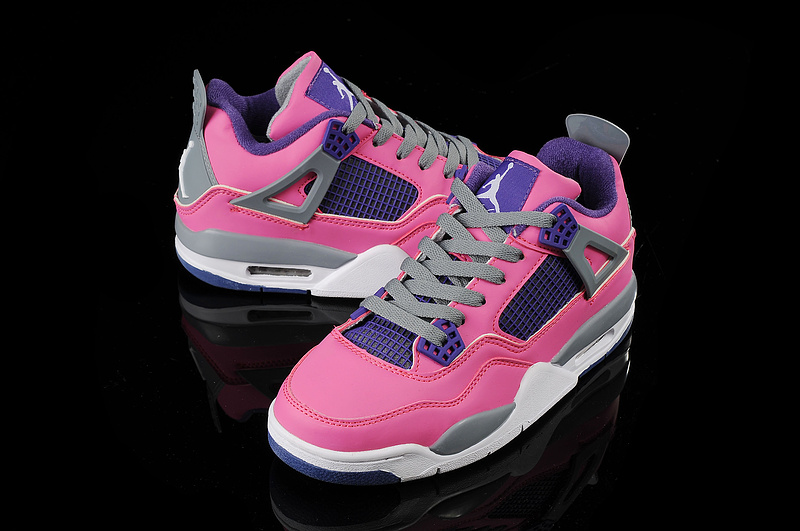 New Jordan 4 Retro Pink Blue Grey White Basketball Shoes For Women - Click Image to Close