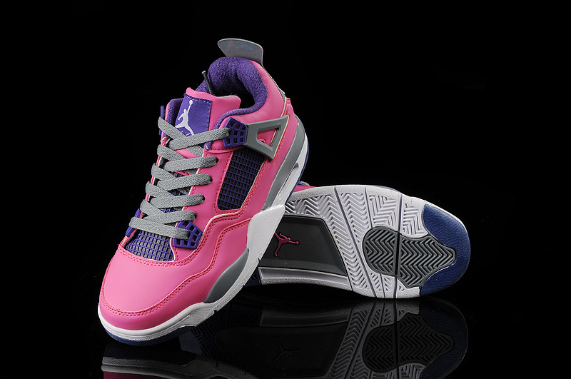 New Jordan 4 Retro Pink Blue Grey White Basketball Shoes For Women - Click Image to Close