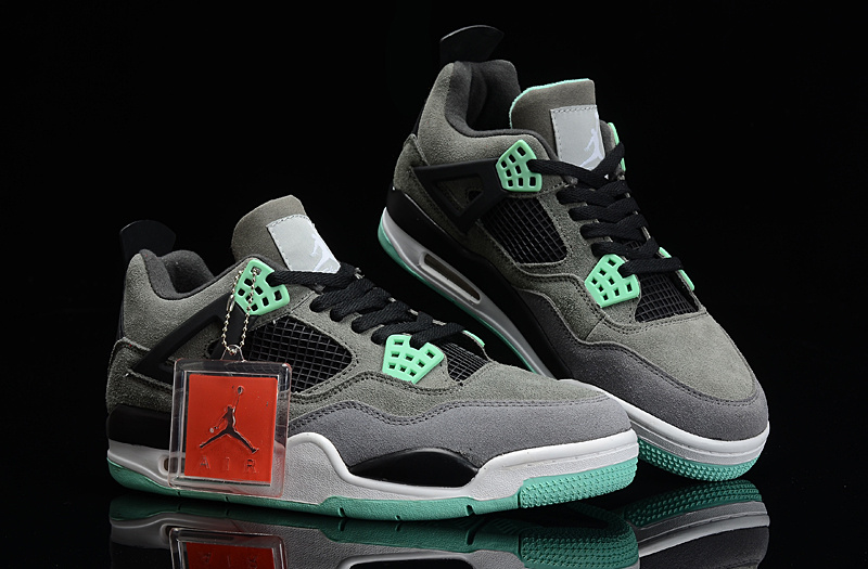 New Jordan 4 Retro Suede Grey Black Green Grey Shoes