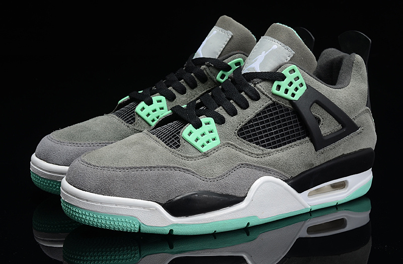 New Jordan 4 Retro Suede Grey Black Green Grey Shoes - Click Image to Close