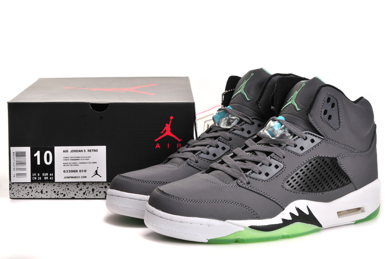 New Nike Air Jordan 5 Retro Grey White Green Shoes - Click Image to Close