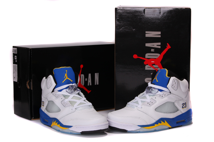New Nike Air Jordan 5 Retro White Blue Yellow Shoes