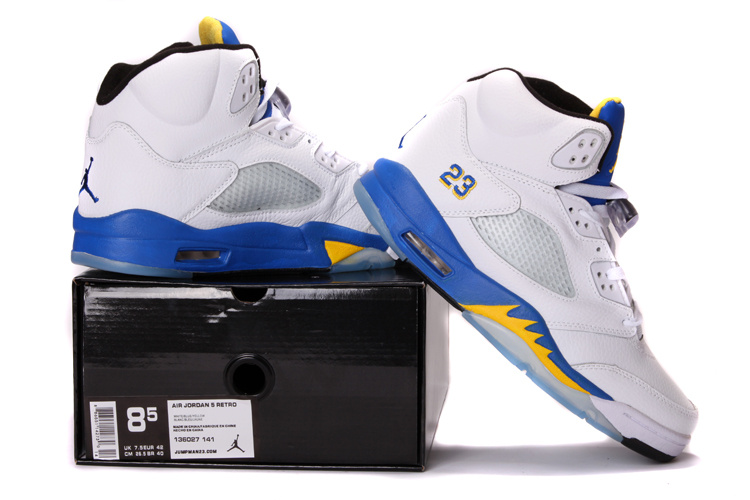 New Nike Air Jordan 5 Retro White Blue Yellow Shoes