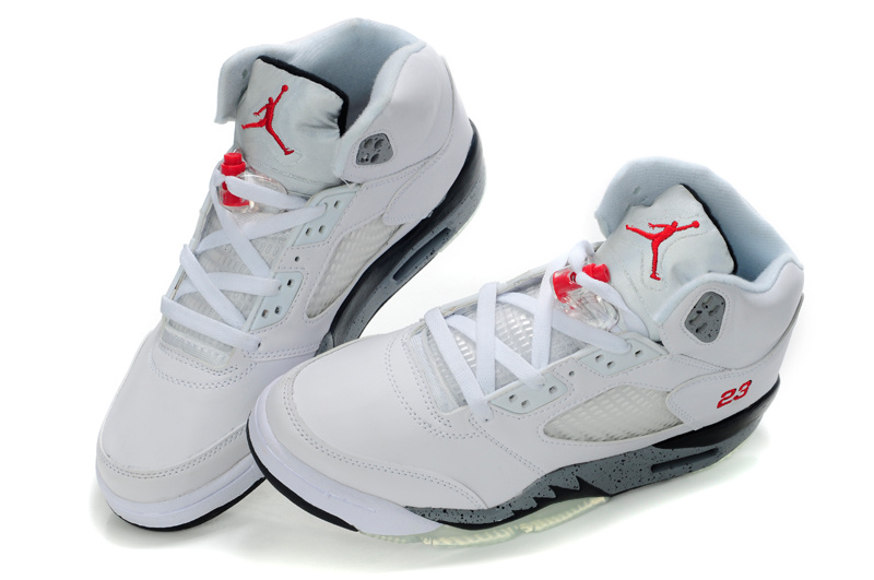 New Nike Air Jordan 5 Retro White Grey Black Red Logo Shoes - Click Image to Close