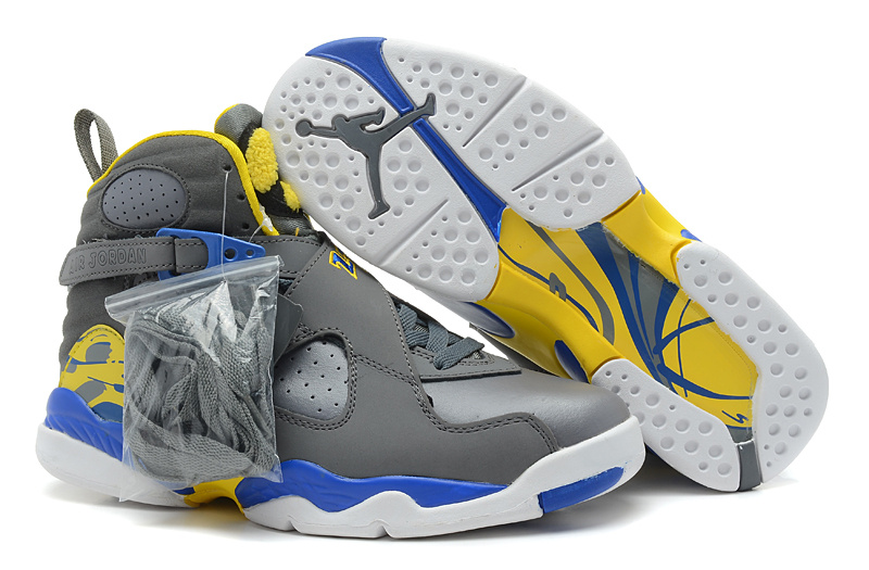 New Jordan 8 Retro Grey White Blue Yellow Shoes - Click Image to Close